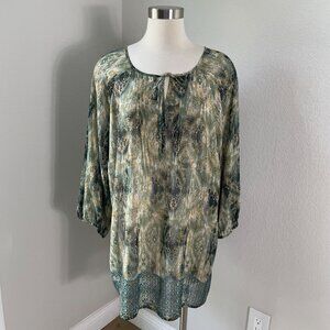 Liz Claiborne Woman Plus 3X Sheer Tunic Top Peasant Blouse Tie Neck Long‎ Sleeve